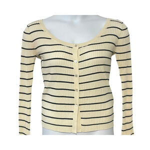 Zara Size L Knit Cardigan Beige Black Stripes Scoop Neck Button Front Fitted